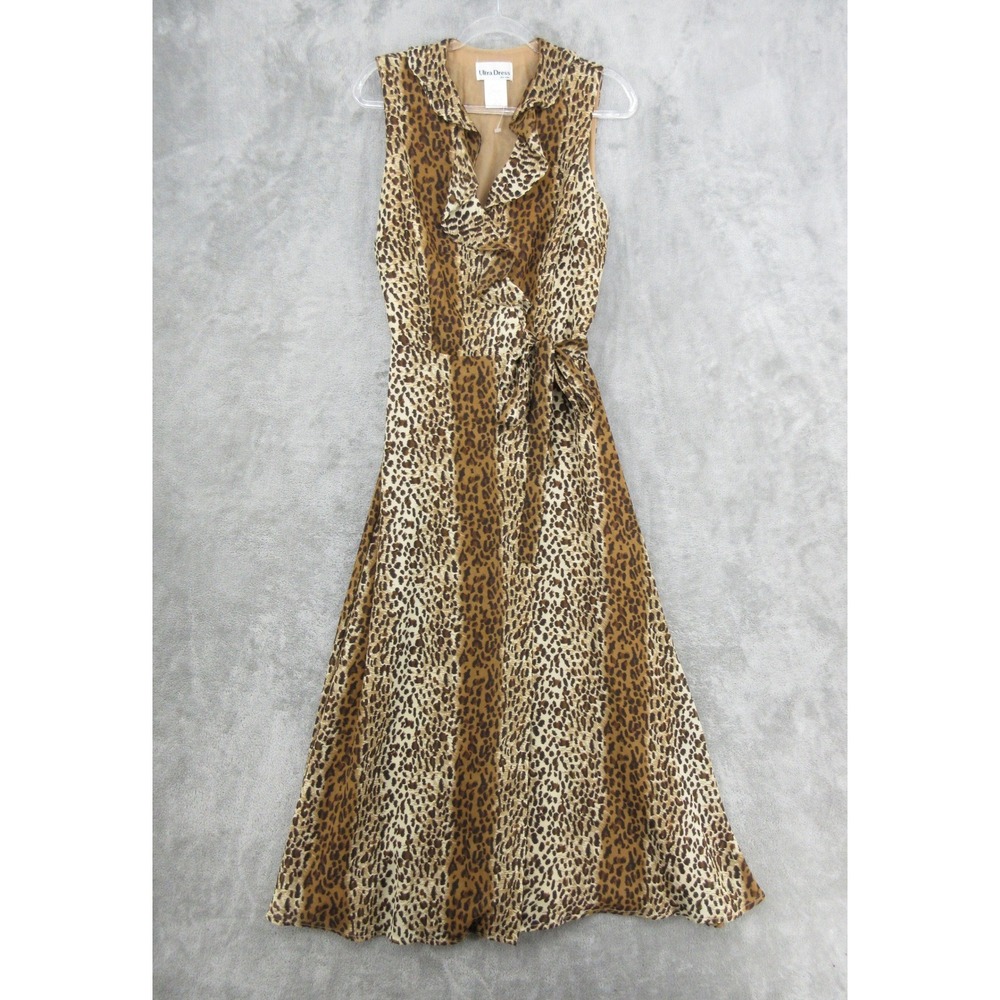 Vintage Ultra Dress Womens Size 10 Leopard Print Ruffle Faux Wrap Maxi Statement